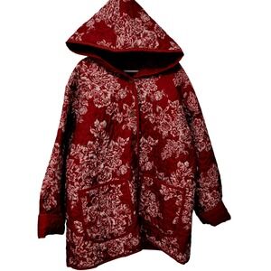 Quilted Floral Hooded Jacket Red White Blossom Print Cozy Outerwear